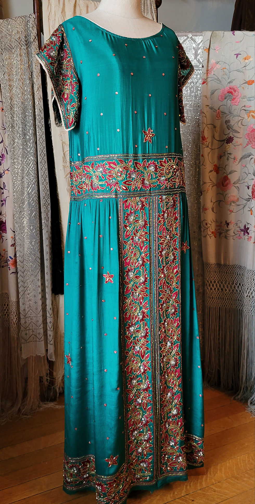 Thumbnail: Teal Beaded Silk Evening Gown