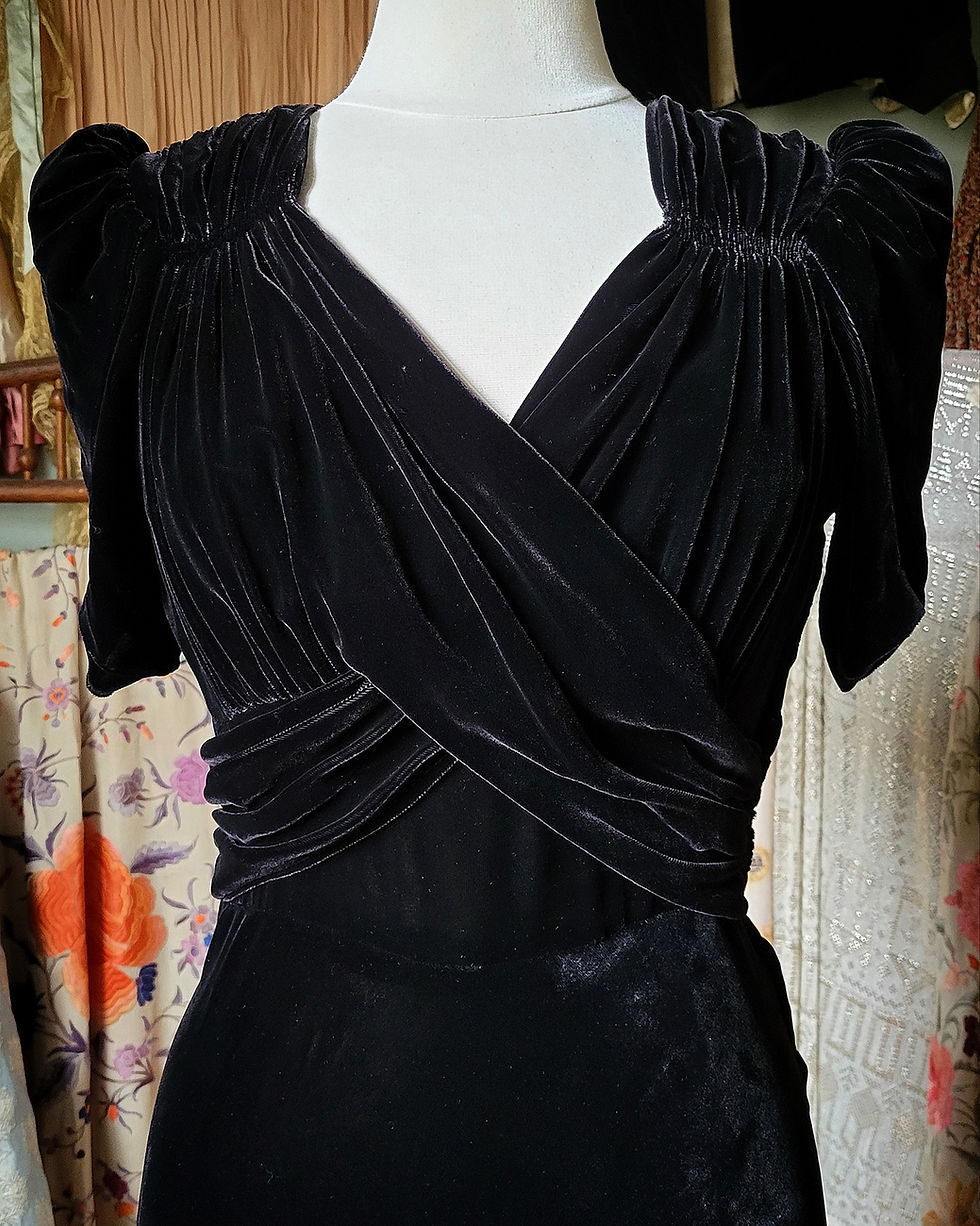 Thumbnail: 1940s Black Velvet Drape Front Gown