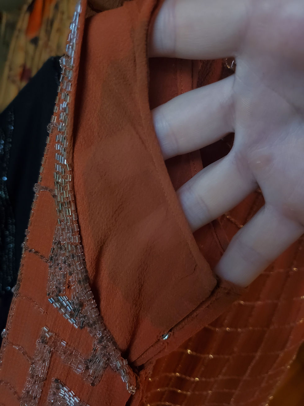 Thumbnail: Tangerine Greek Key Beaded 1920s Dress 