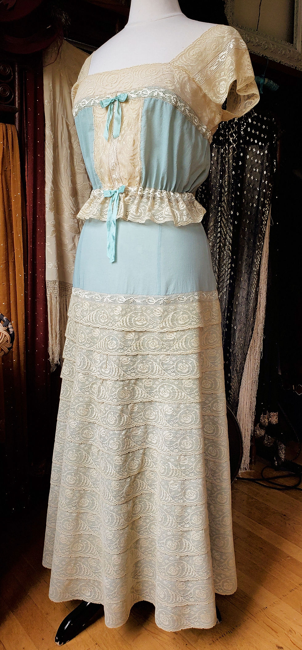 Thumbnail: Seafoam Green and Pale Gold Lace Two Piece Dress