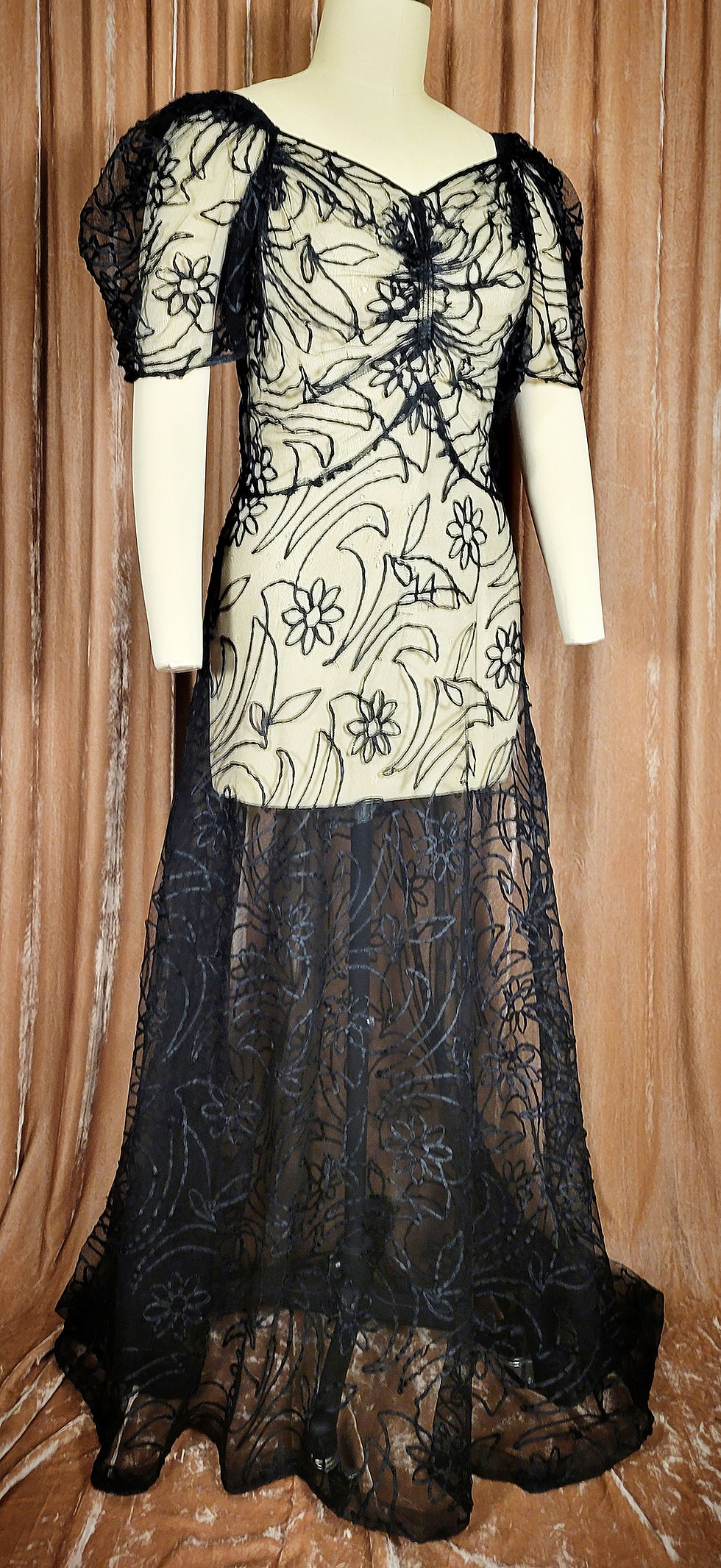 Thumbnail: 1930s Black Braid Embroidered Net Gown