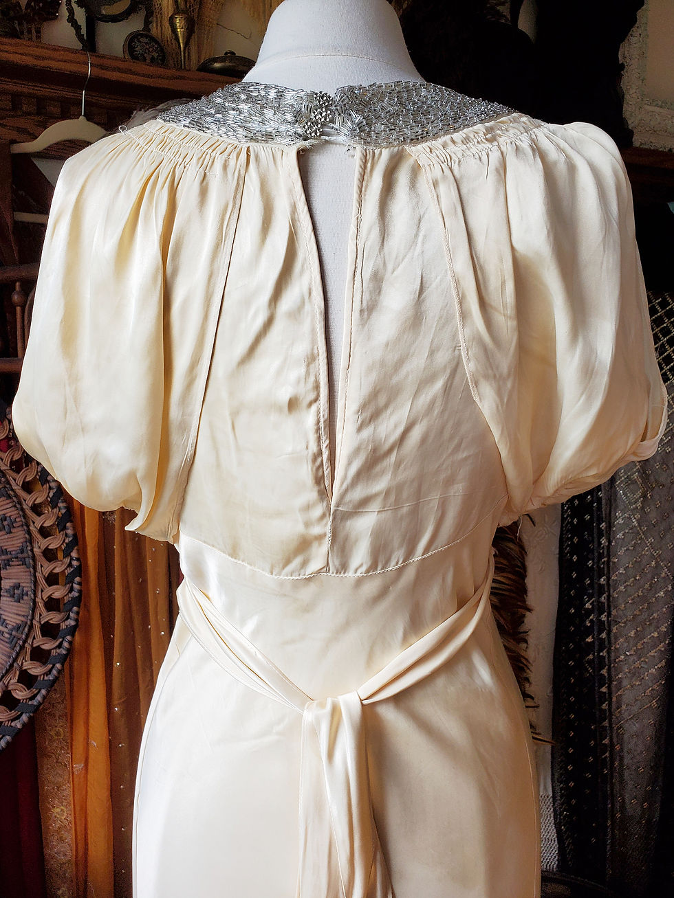 Thumbnail: Ivory Satin with Silver Beaded Neckline 1930s Gown