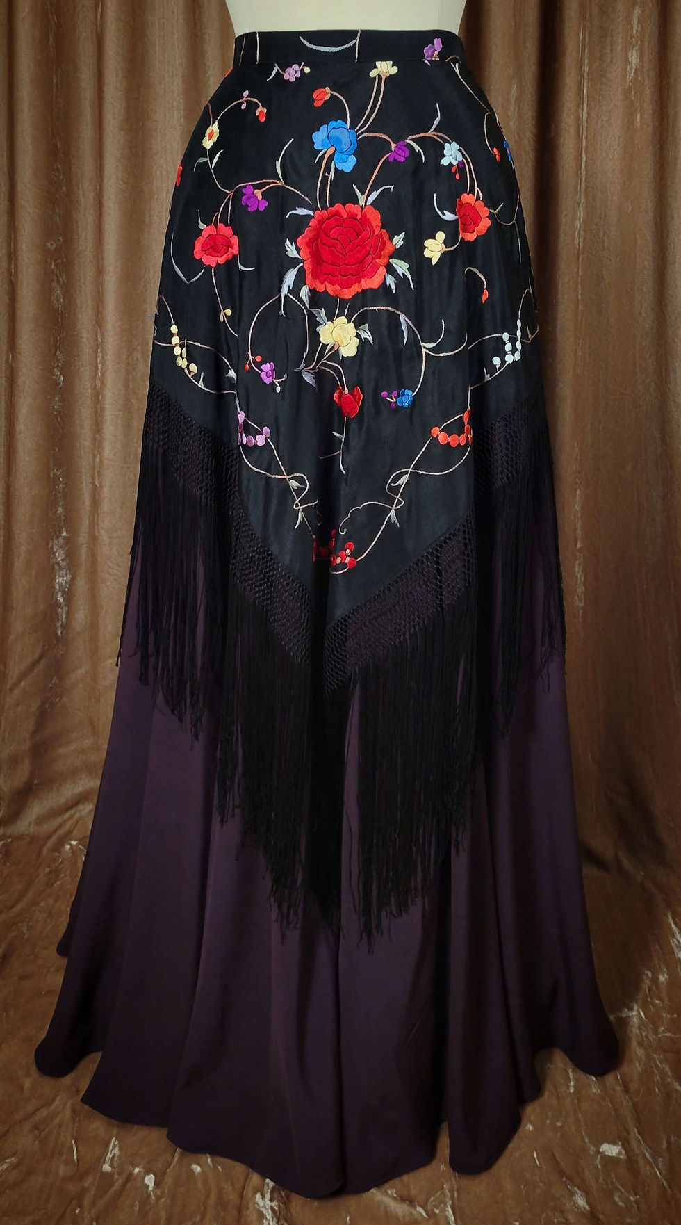 Thumbnail: Black and Colorful Florals Fringed Silk Shawl Skirt