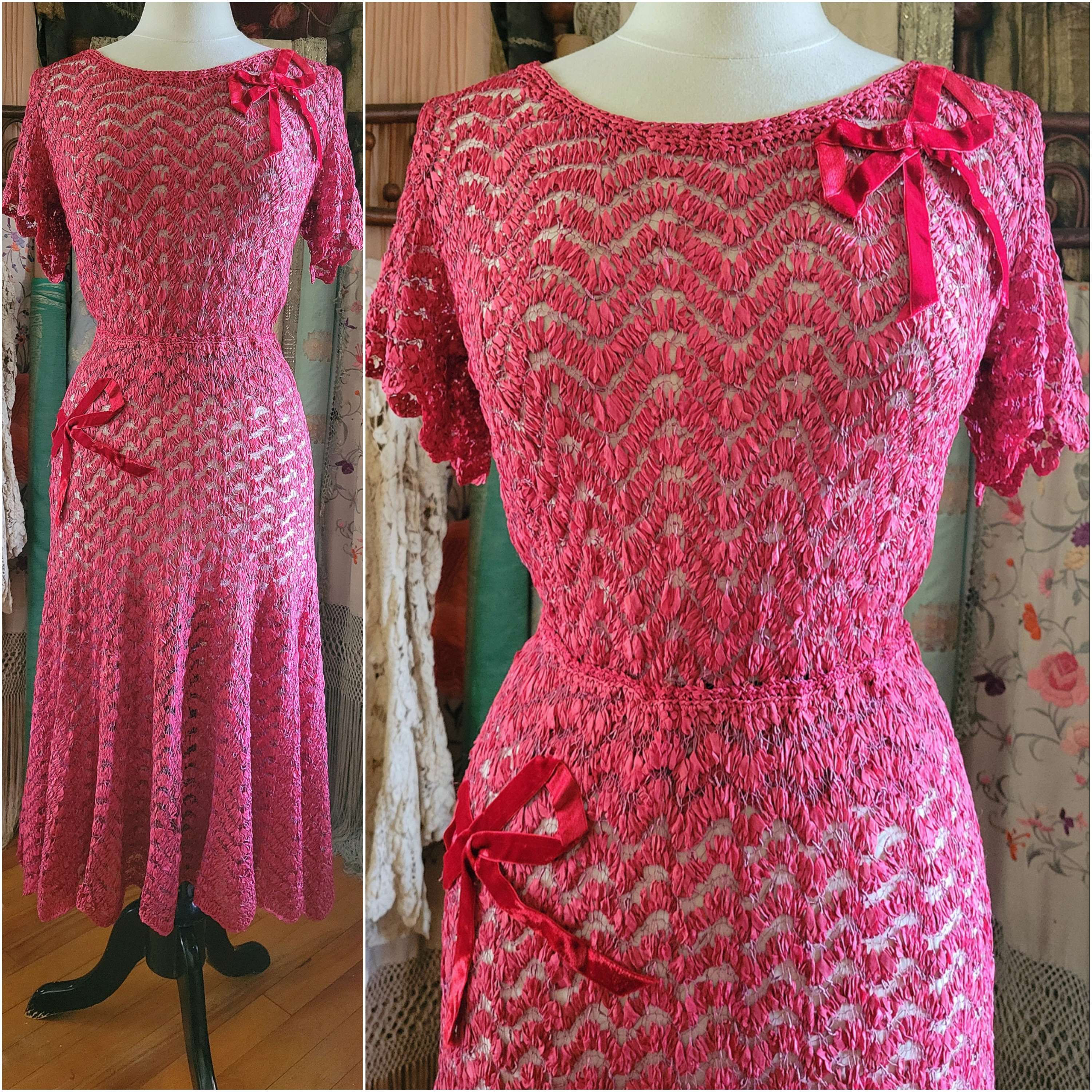 1930s Rose Pink Ribbon Crochet Dress