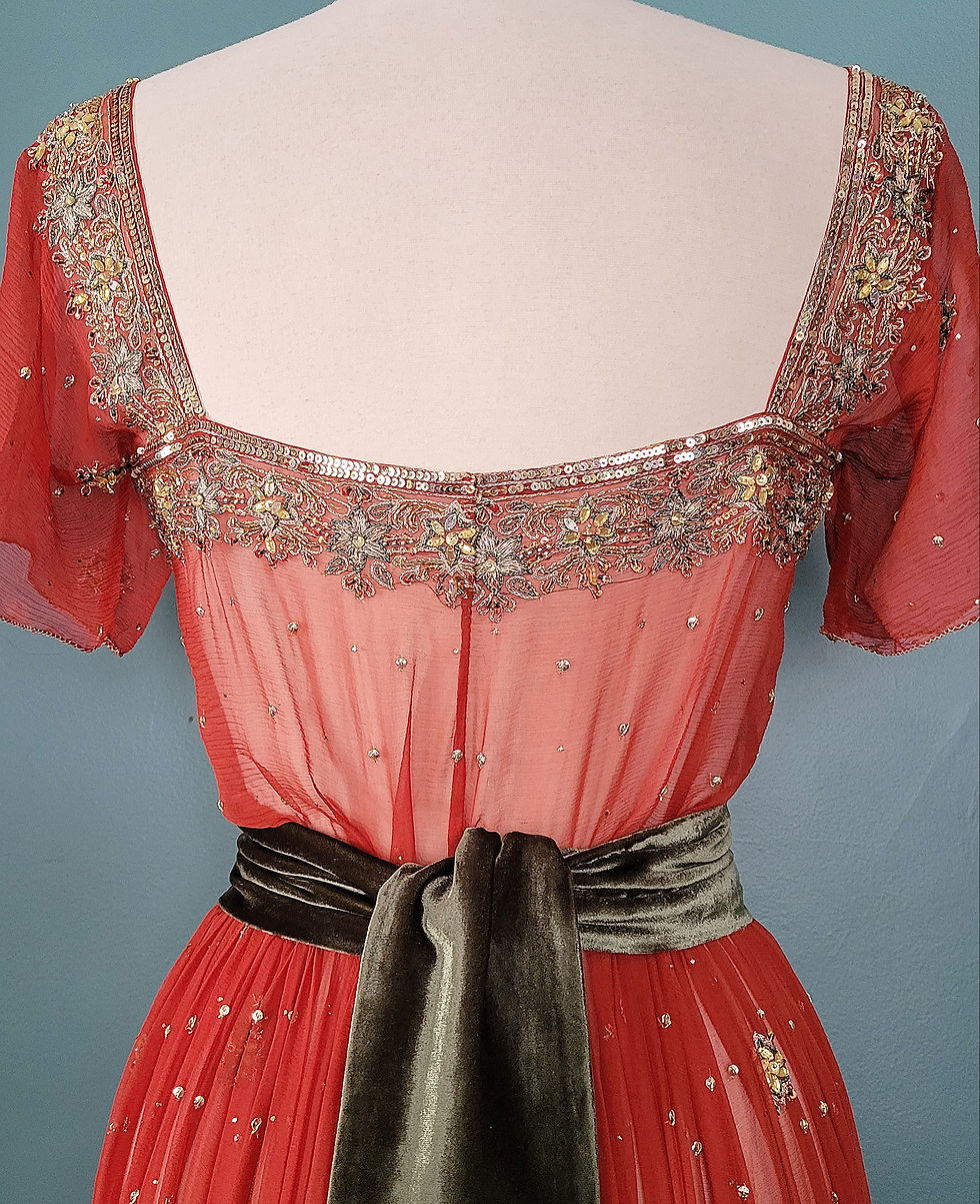 Thumbnail: Blood Orange and Moss Embroidered Silk Chiffon Dress