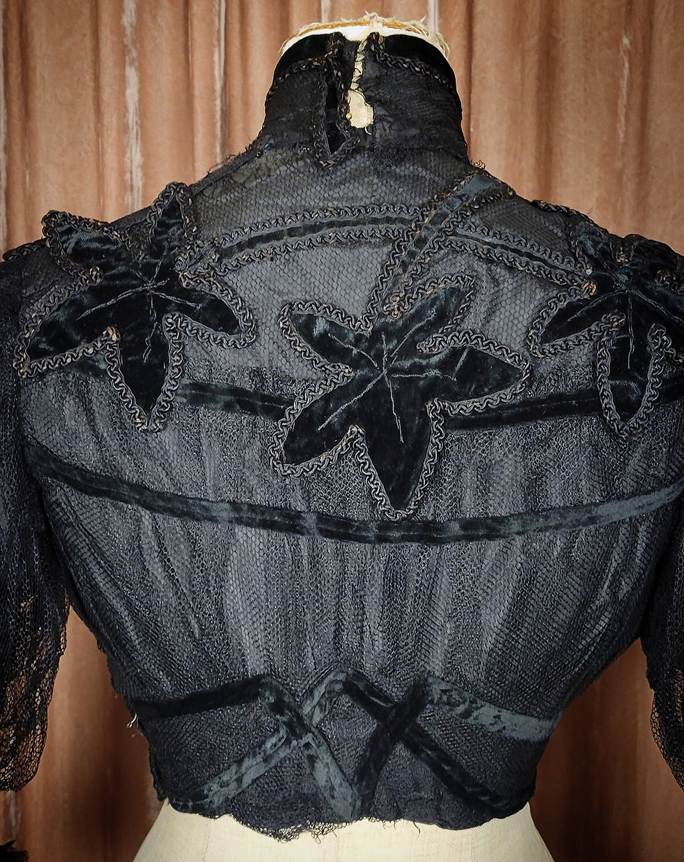 Thumbnail: Edwardian Black Net Velvet Leaf Applique Blouse