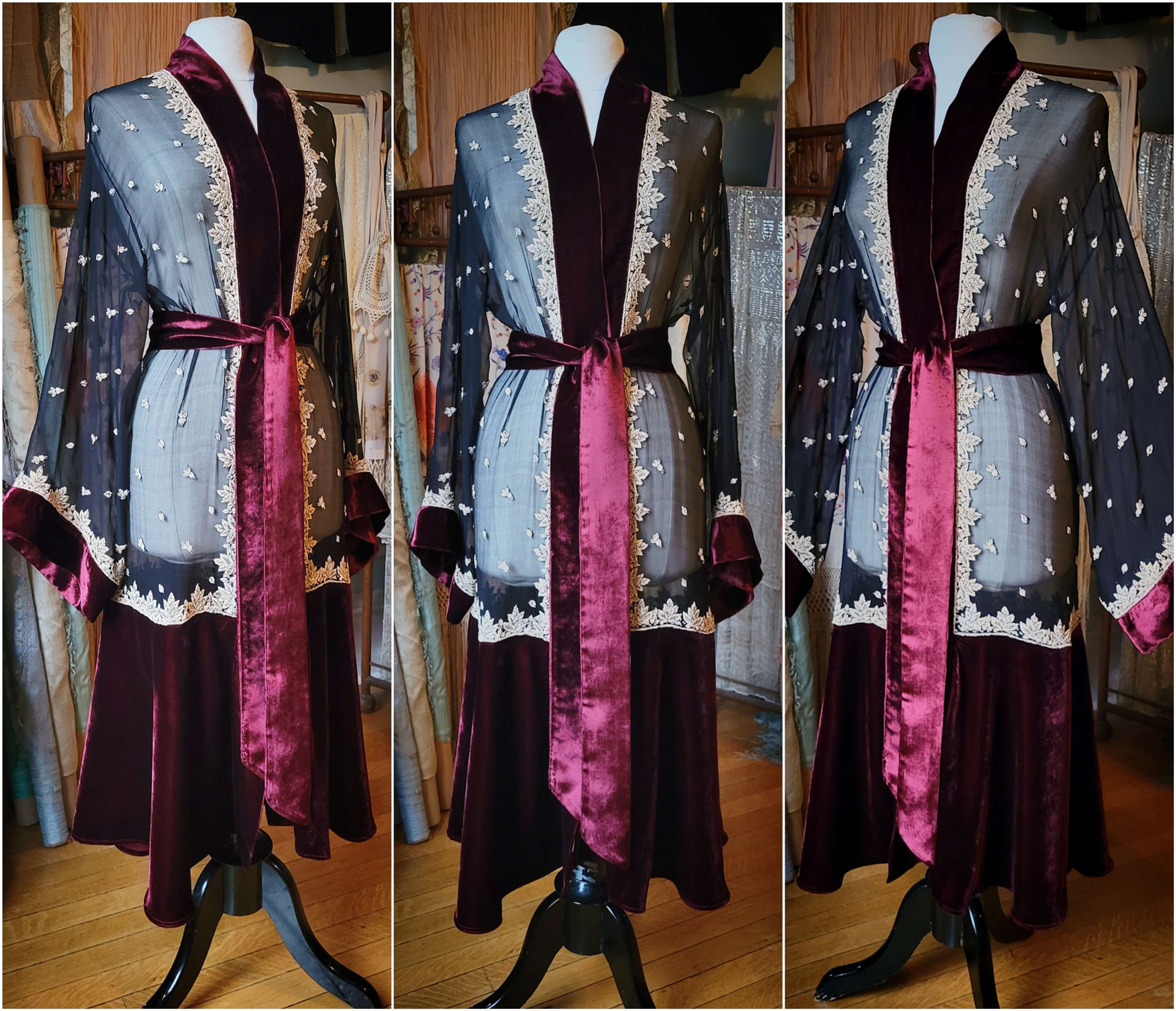 Black Chiffon and Wine Velvet Dupatta Robe