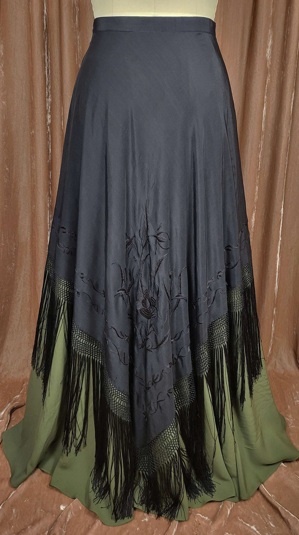 Thumbnail: Black and Dark Sage Fringed Silk Shawl Skirt