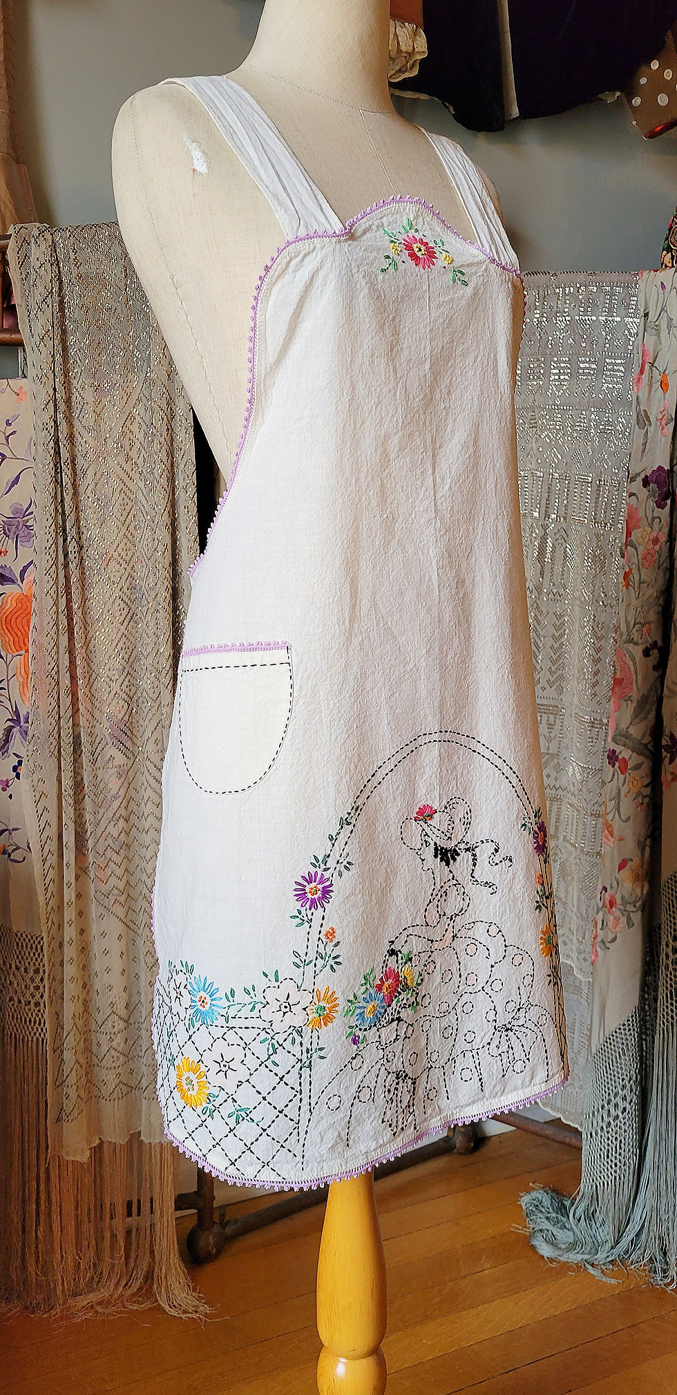 Thumbnail: 1920s Lady with Flower Basket Embroidered Apron