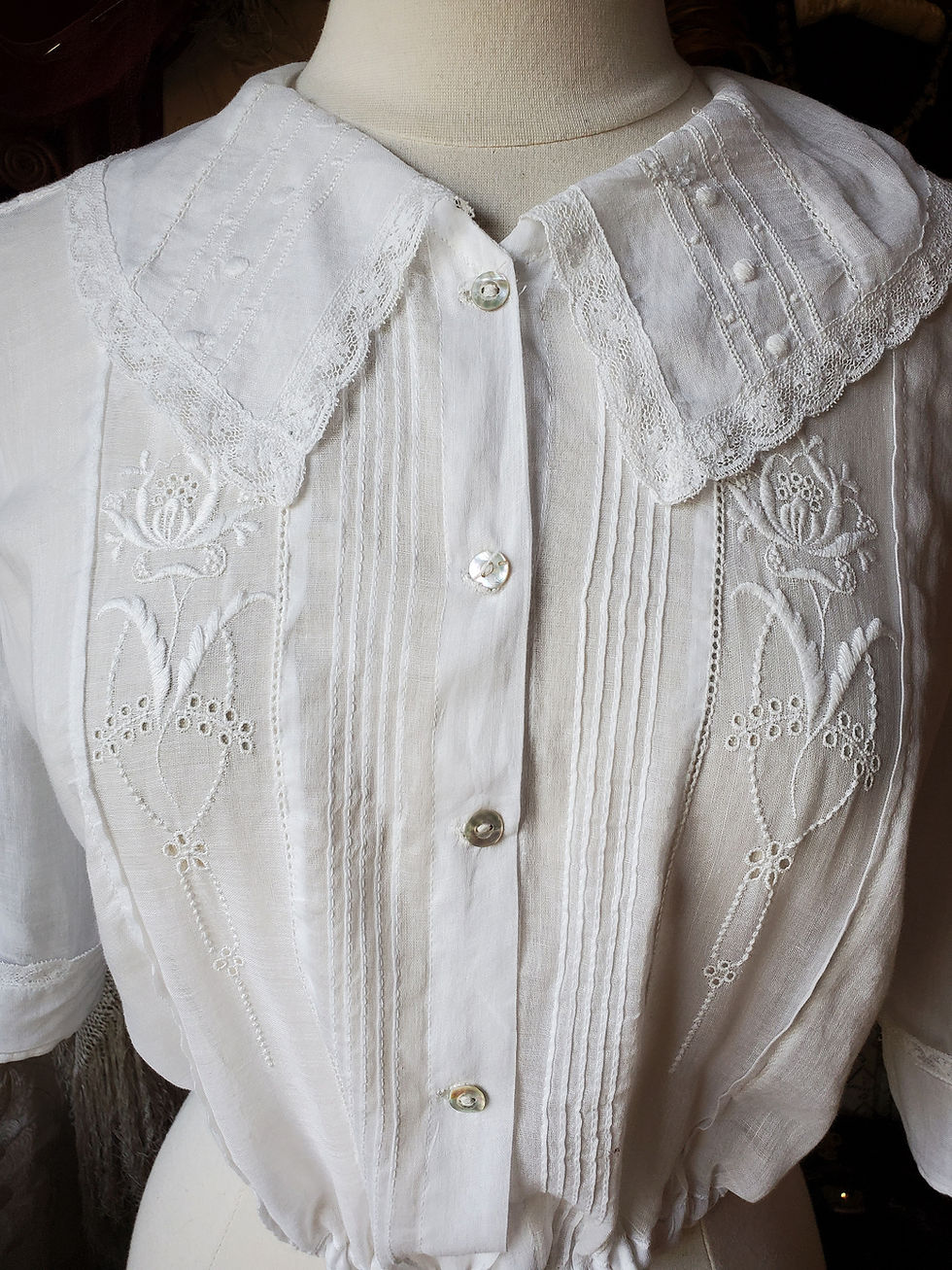 Thumbnail: Embroidered Cotton Button Front 1910s Blouse