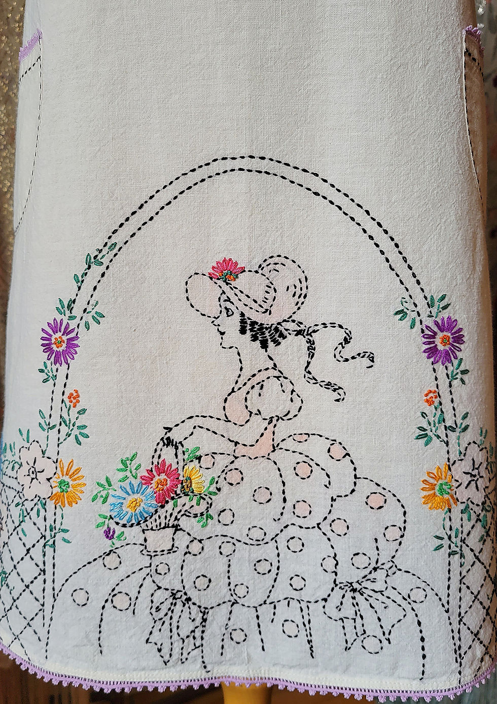 Thumbnail: 1920s Lady with Flower Basket Embroidered Apron