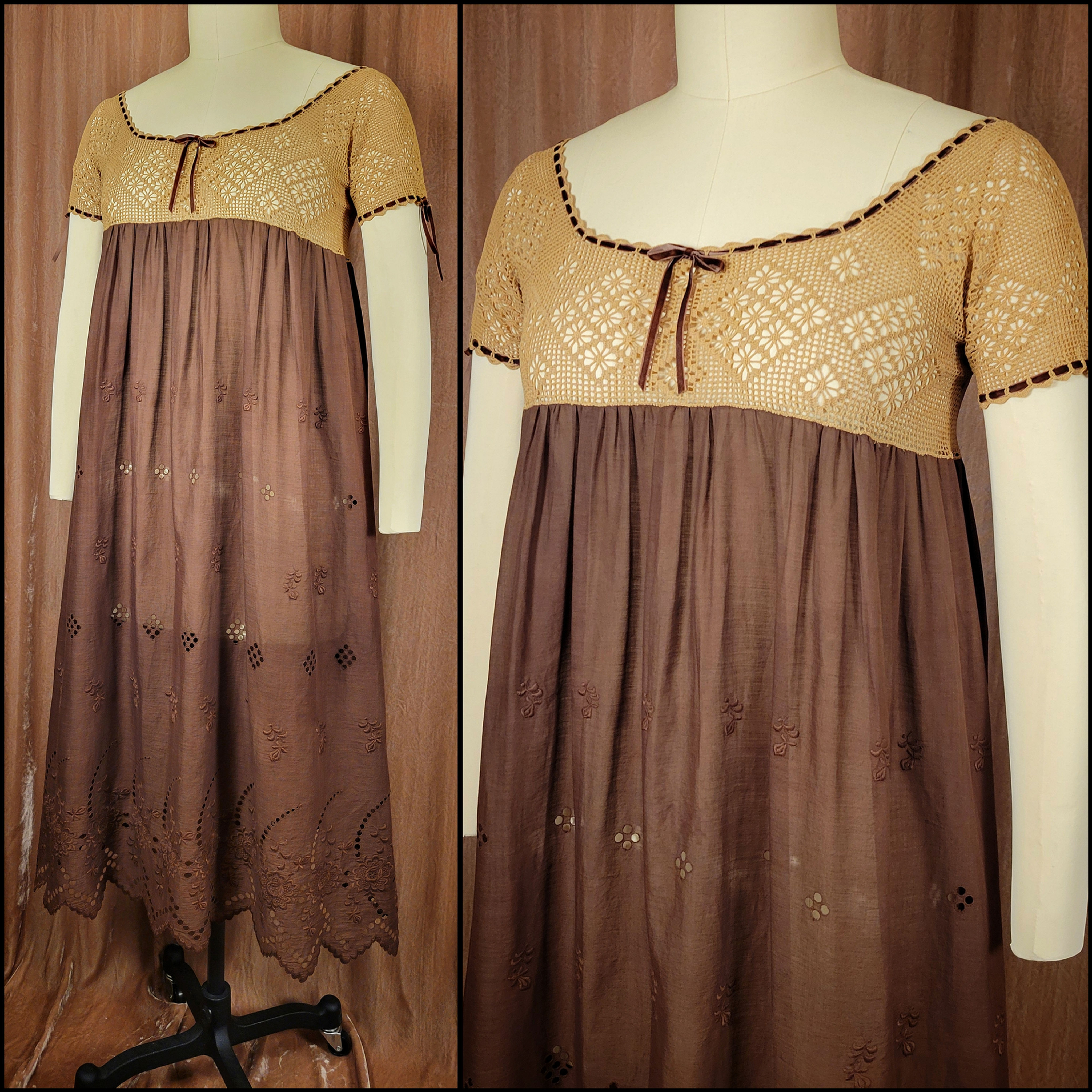 Sepia Tone Embroidered Chemise With Crochet Yoke