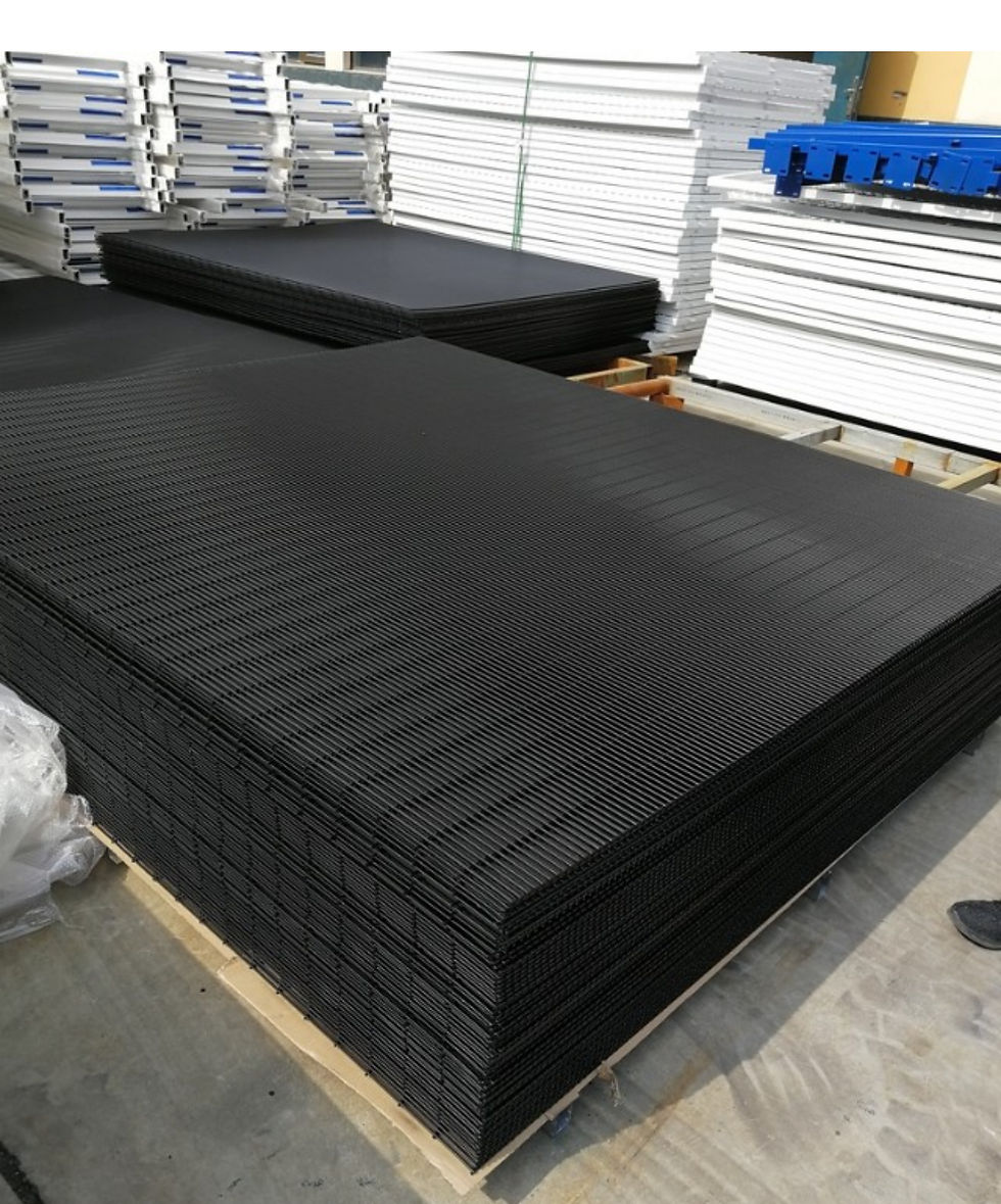 Thumbnail: Bundled steel fence panels stacked outside on wooden pallets
