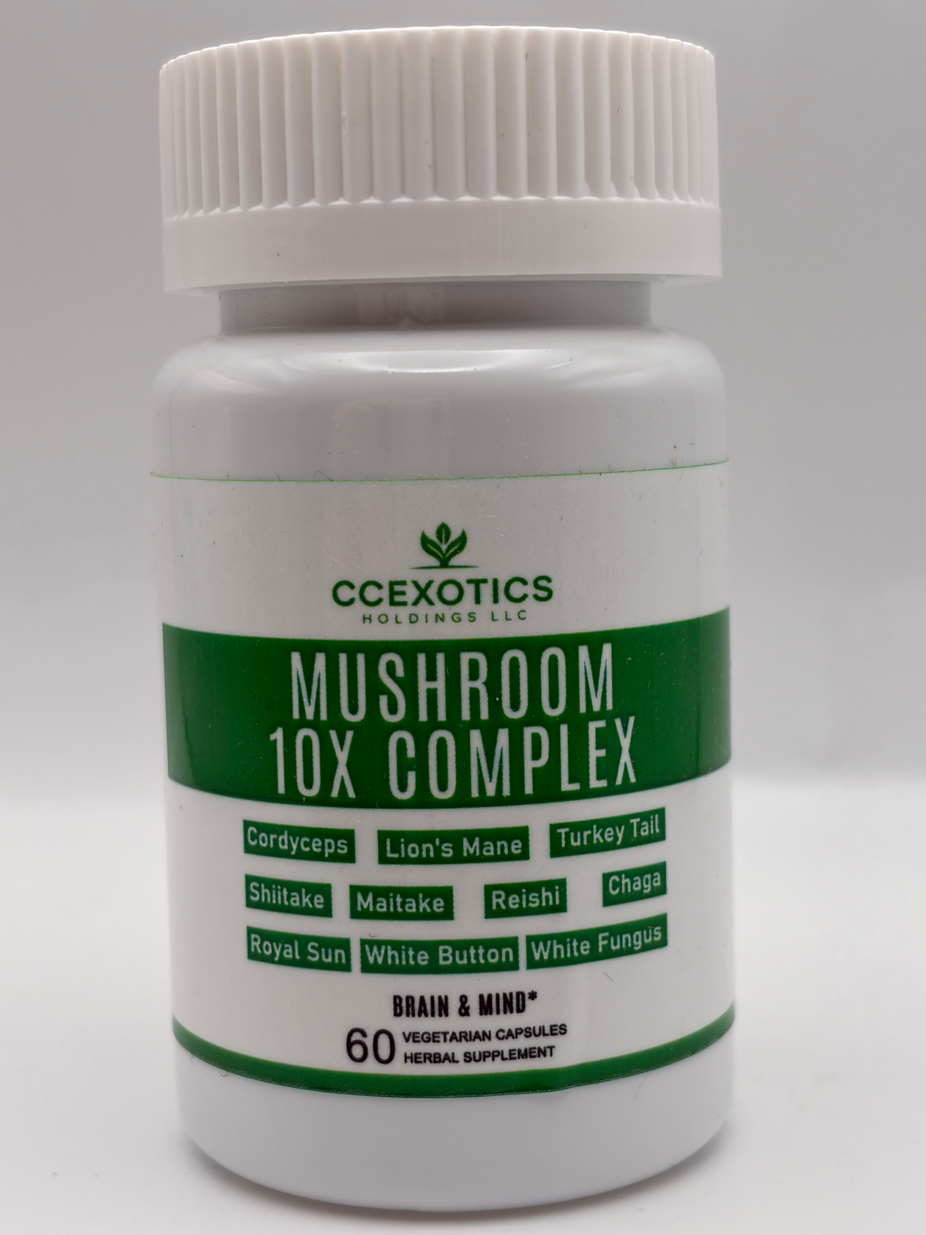 CCEXOTICS Mushroom 10x Complex bottle front label, 60 vegetarian capsules