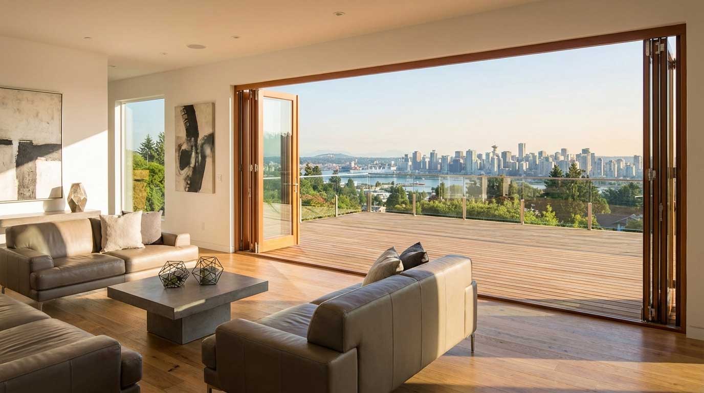 Eclipse Folding Door System with Pattern #110 doors in VG Fir (stained)