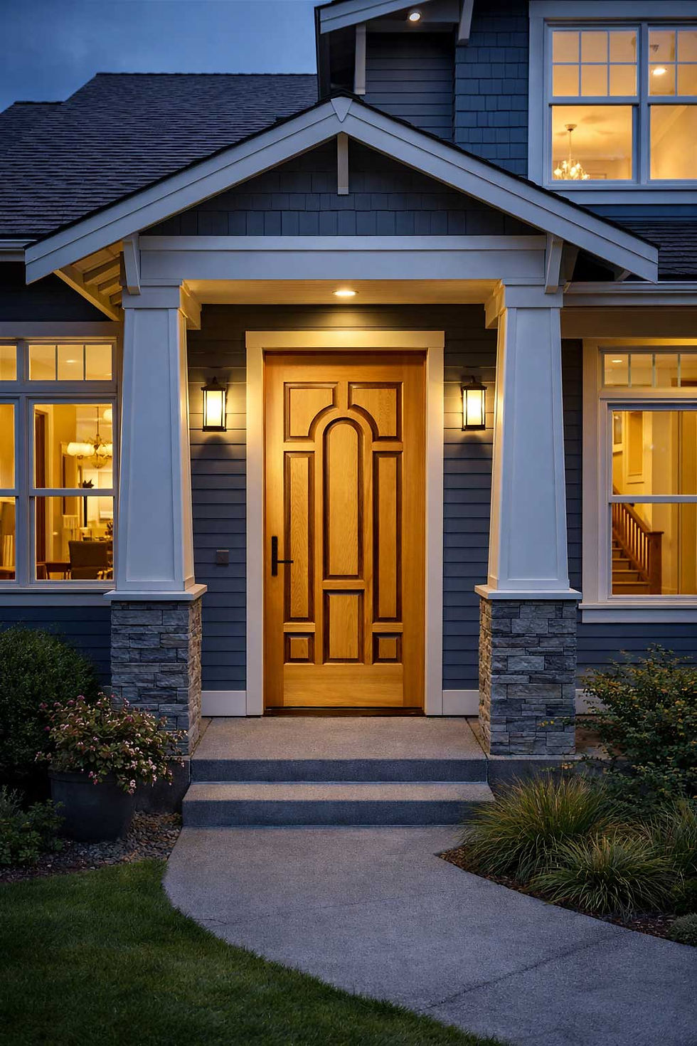 Craftsman style home entryway with wooden front door