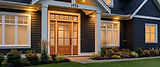 Modern dark blue house exterior with warm lighting at dusk.