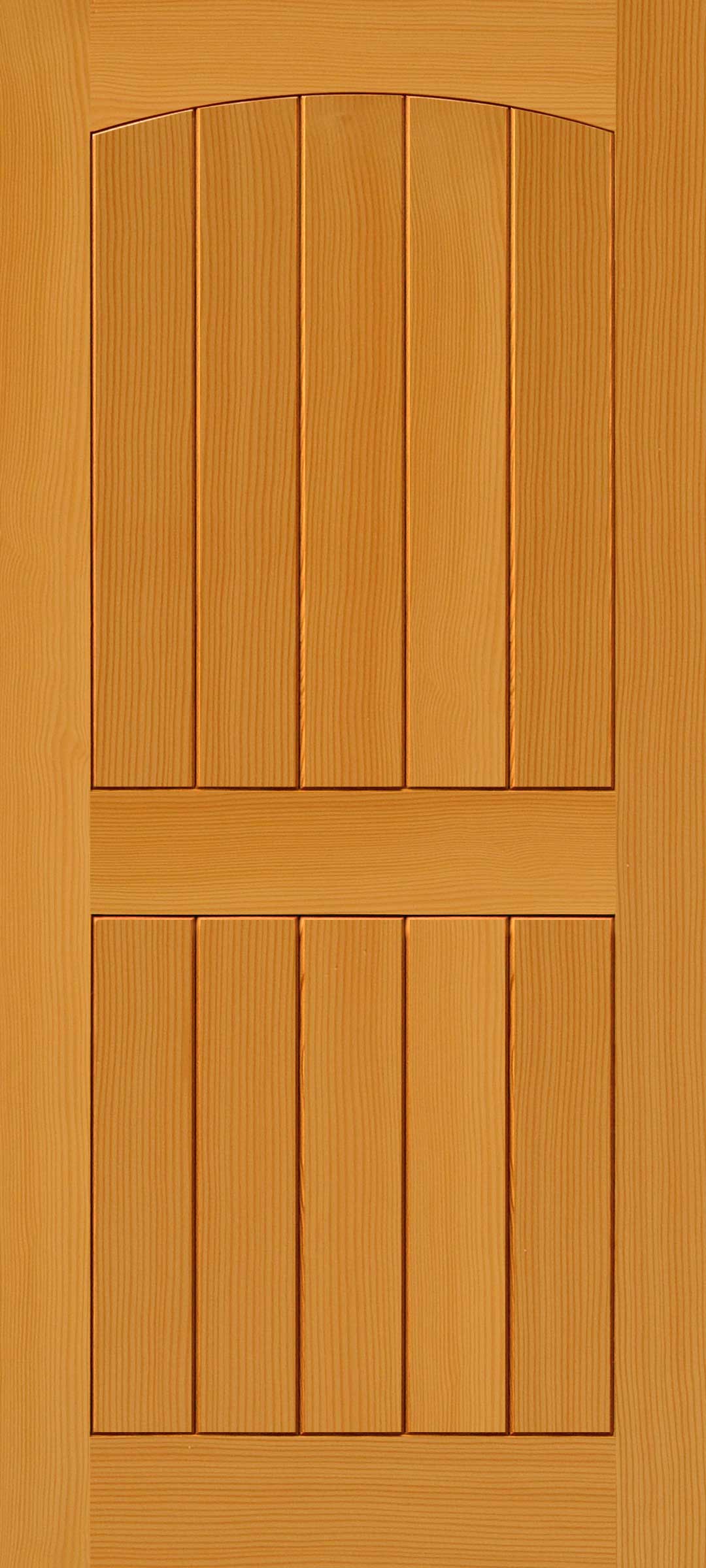 Light brown wooden door with vertical panels and arched top design.