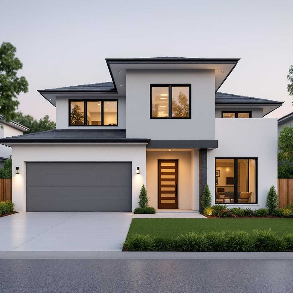 Modern two-story house with white facade and gray roof