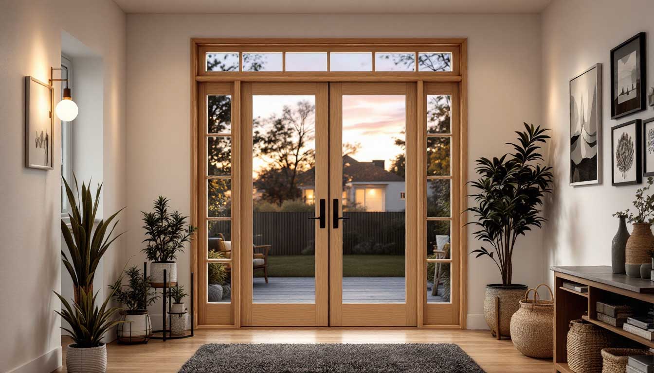 Pattern #110 with Pattern #117SL Sidelites, accompanied by Transom Pattern #125 in VG Fir (Stained)