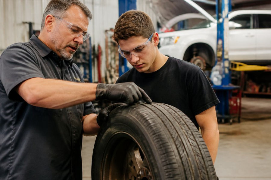 Instructor demonstrating tire rotation to a student during hands-on car maintenance classes in a workshop.