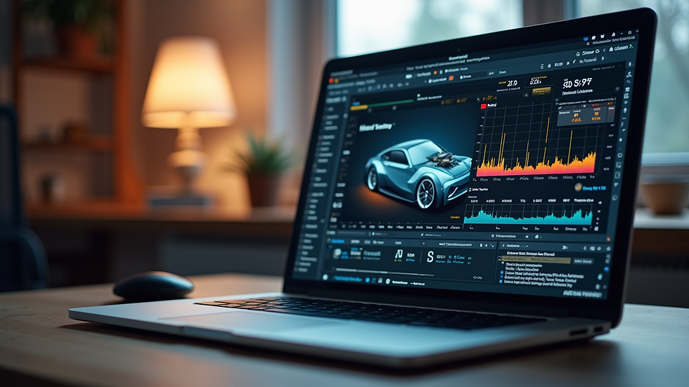 Eye-level view of a laptop on a desk with automotive tuning software open