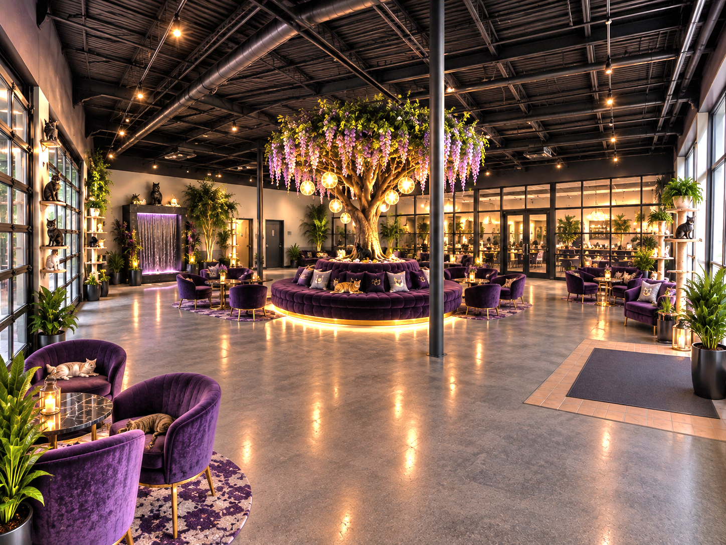 Concept rendering of the Luxe Purr cat lounge with purple seating around an illuminated tree and spaces for cats