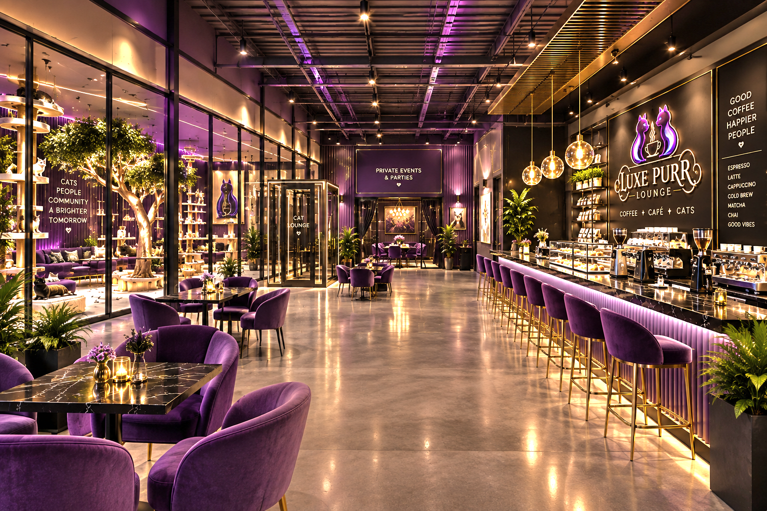 Concept rendering of the Luxe Purr café with purple seating, a coffee bar, and views into the cat lounge