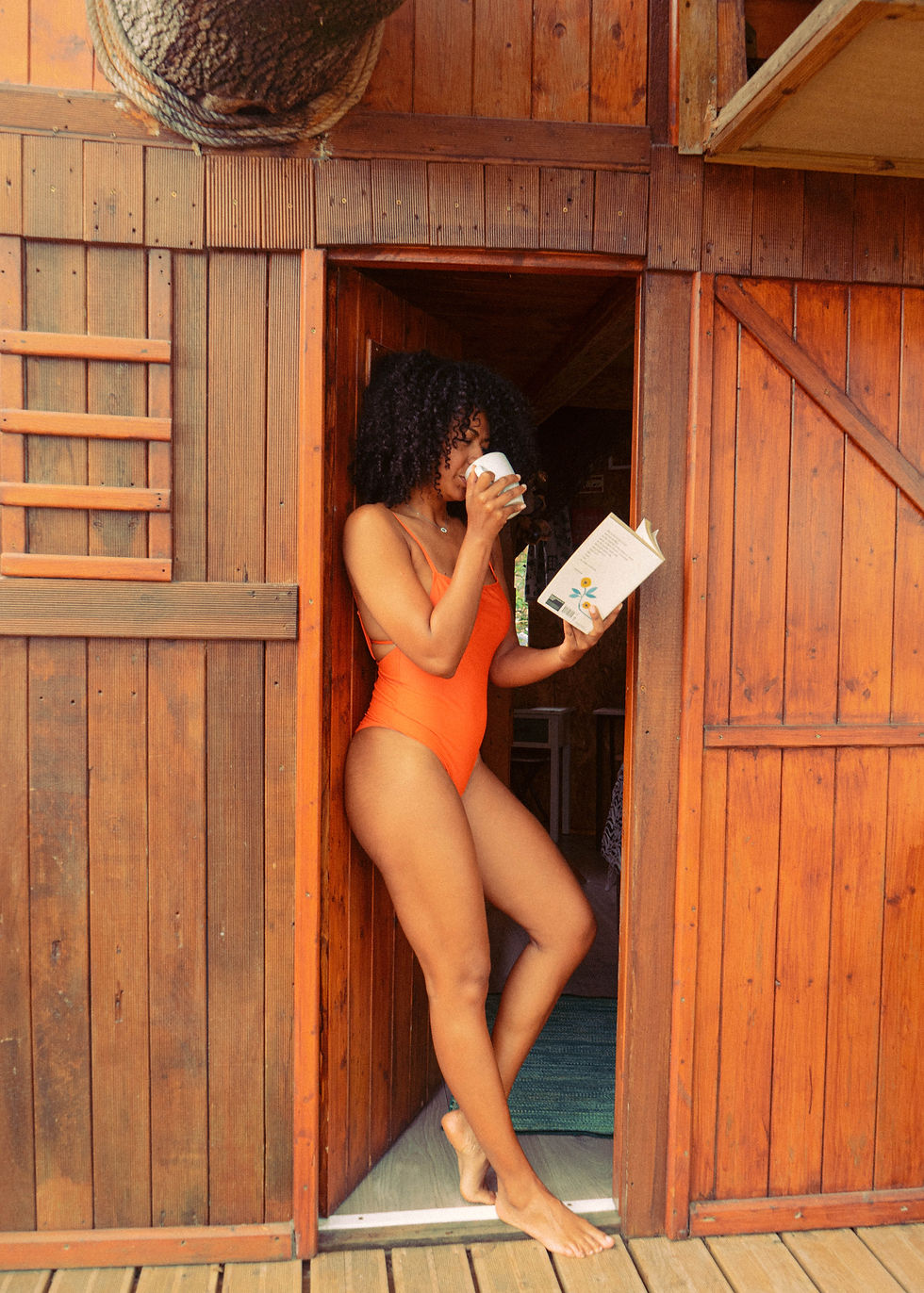 Thumbnail: orange swimsuit with straight neckline