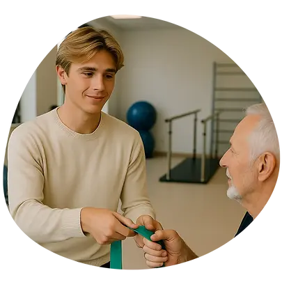 Student helpt oudere patiënt met oefening en begeleiding in een revalidatiecentrum