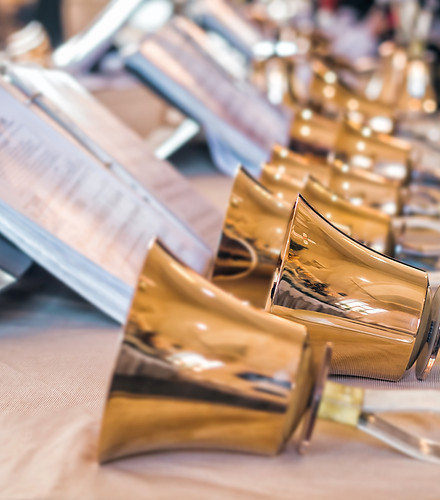 Handbells with sheet of music ready for