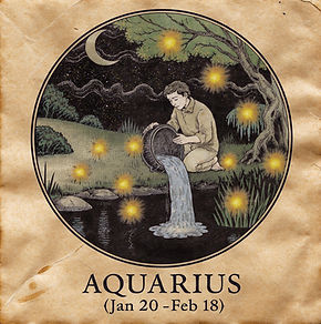 Aquarius man with a bucket throwing out water in a pond with trees and fireflies