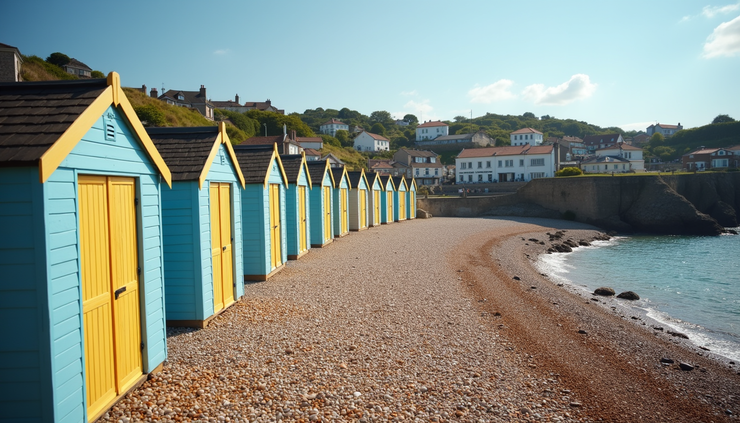 High angle view of a pebble beach in the United Kingdom with small colorful huts along the shore