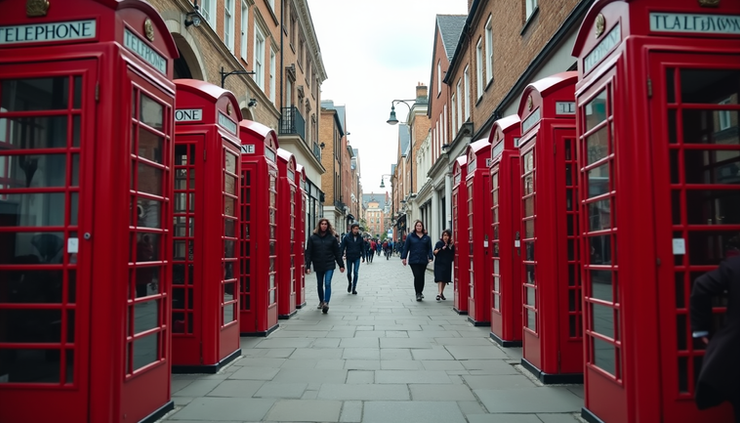 Eye-level view of a traditional British street with red telephone booths and brick buildings