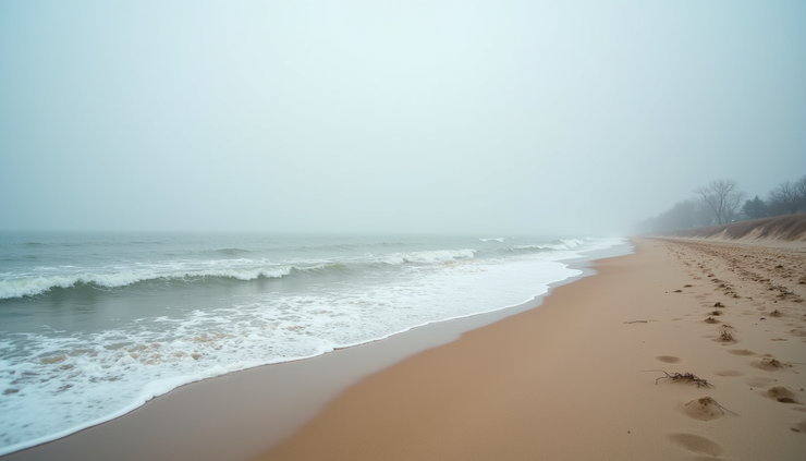 Eye-level view of a calm New Jersey shoreline with gentle waves and empty sandy beach