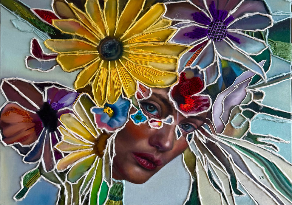 In diesem Werk kombiniere ich Öl und Wolle, um die faszinierende Verbindung zwischen Mensch und Natur zu zeigen. Die leuchtenden Blumen symbolisieren Lebensfreude und innere Stärke, während das realistische Gesicht tiefe Emotionen ausdrückt. Die Schnittstellen zwischen Surrealismus und Realität erzeugen eine kraftvolle Harmonie, die positive Energie und inspirierende Lebendigkeit in jeden Raum bringt. Dieses Bild lädt dazu ein, in Schönheit und Überraschung einzutauchen.