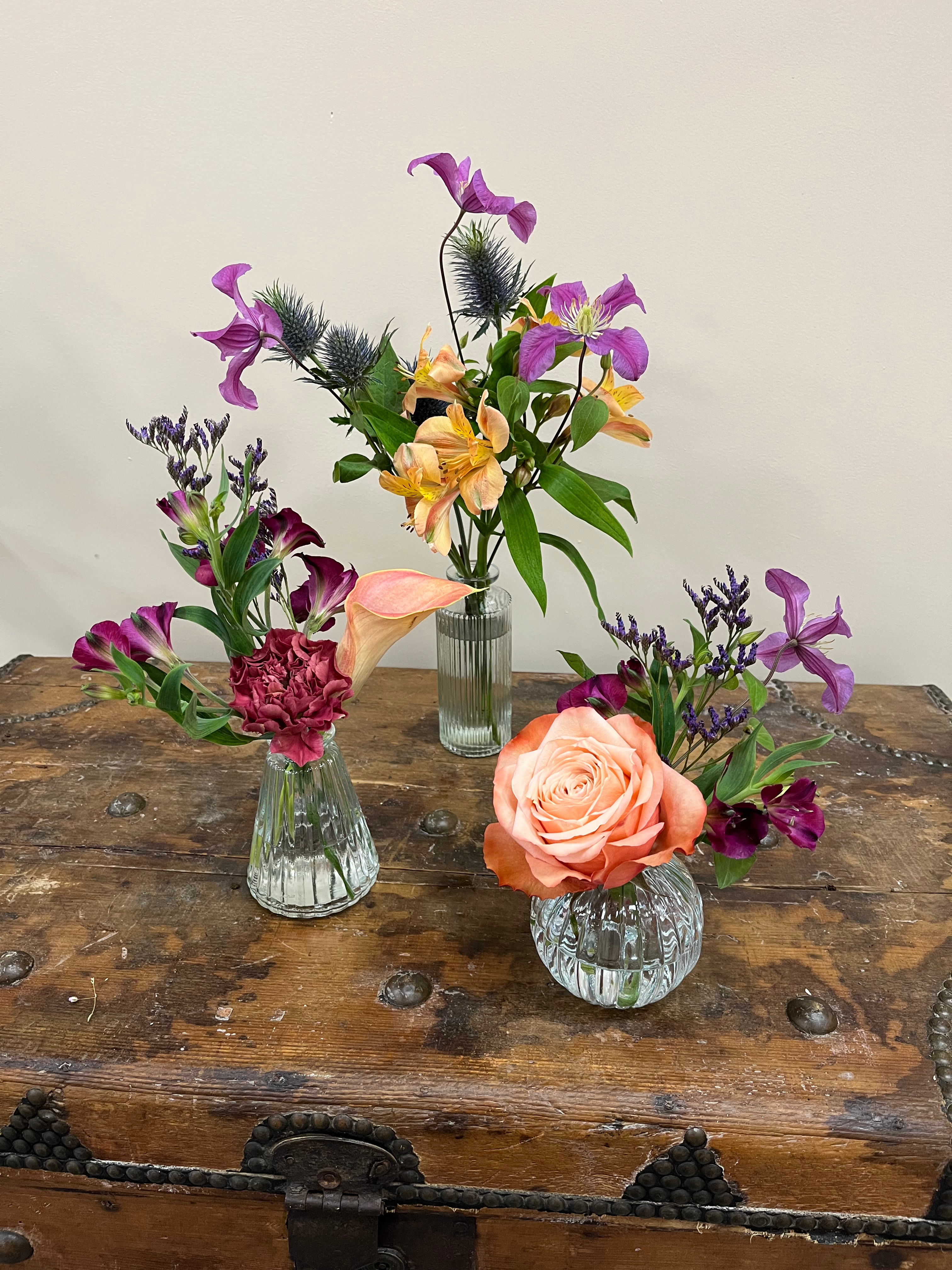 Colourful bud vase trio