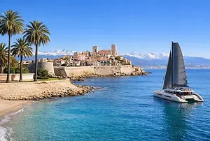 Luxury Yacht Charter – Discover Antibes: Stunning views overlooking the beautiful harbor town, the vibrant waterfront, and the coastline.