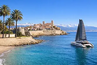 Luxury Yacht Charter – Discover Antibes: Stunning views overlooking the beautiful harbor town, the vibrant waterfront, and the coastline.