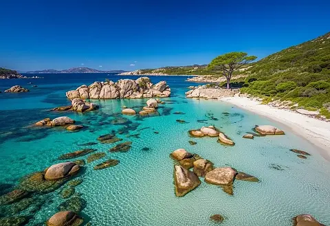 View of capturing the stunning, pristine beauty of a beach in Corsica on a perfectly clear day.