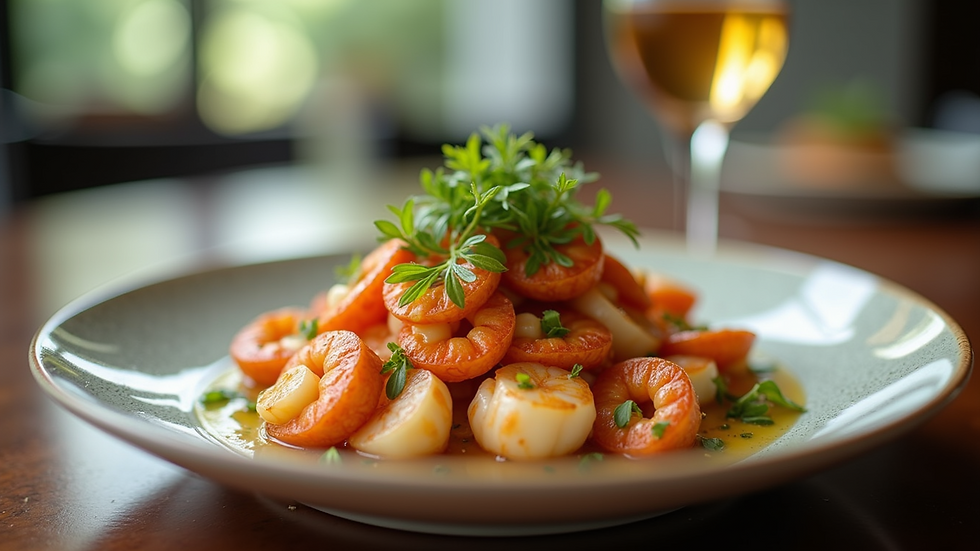 Eye-level view of a beautifully plated Hawaiian seafood dish