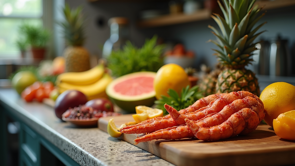 Close-up view of fresh tropical fruits and seafood on a kitchen counter