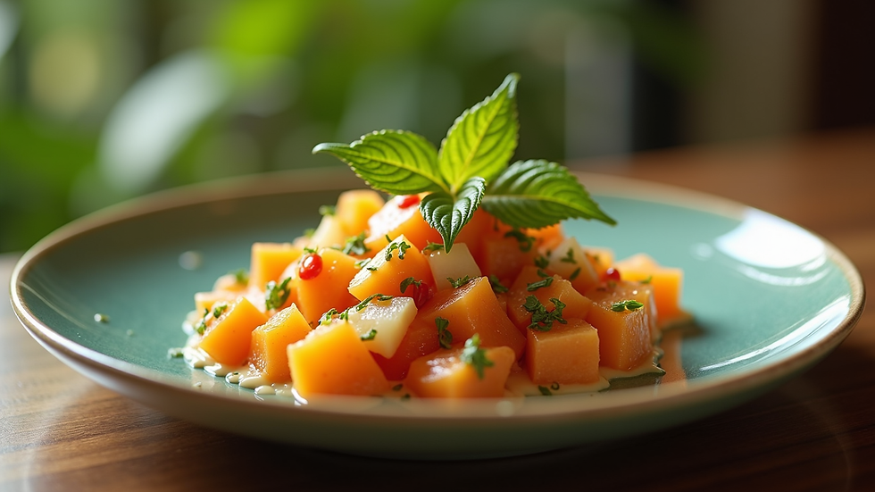 Close-up view of a beautifully plated Hawaiian-inspired dish with fresh tropical ingredients