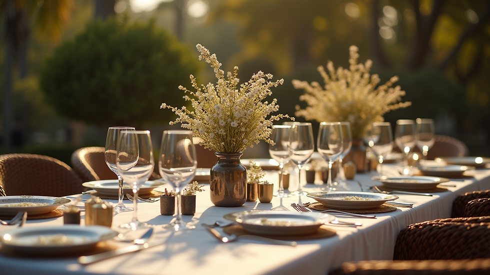 High angle view of an outdoor luxury dining setup with elegant decorations