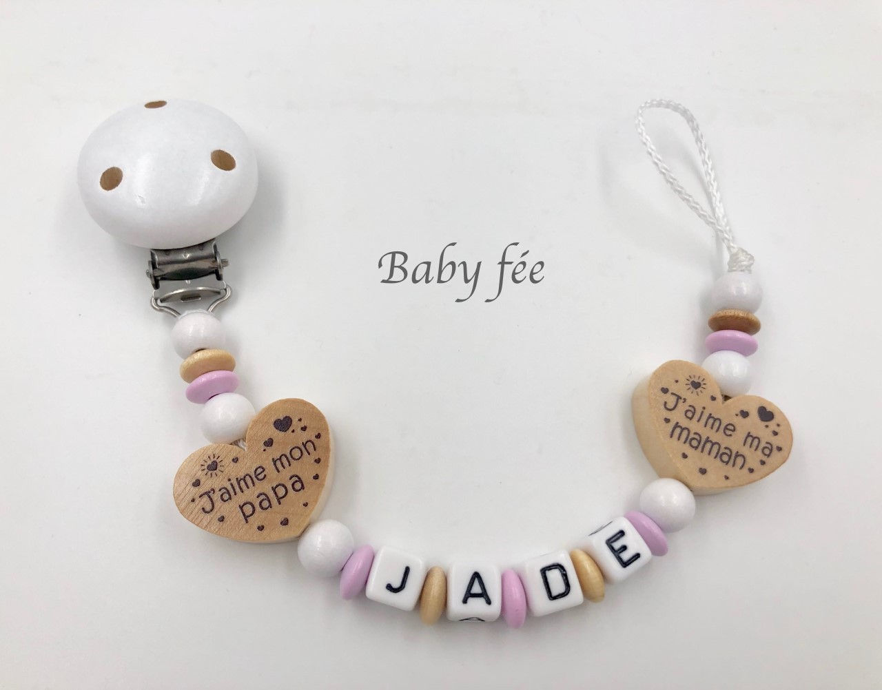 Attache tétine personnalisée collection J'aime ma maman et j'aime mon papa -Jade