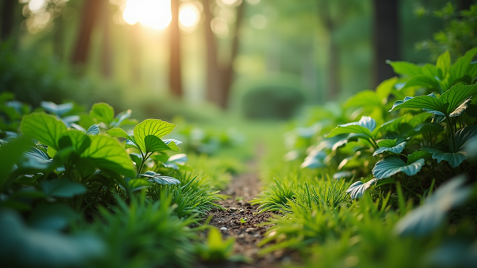 Eye-level view of a lush green garden with various plants