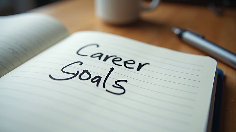 Eye-level view of a notebook with handwritten career goals and a pen