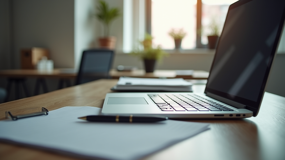 Eye-level view of a modern office desk with a laptop and notebook