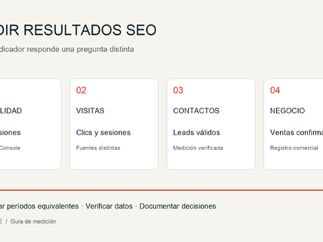 Diagrama de cuatro ámbitos de medición SEO: visibilidad, visitas, contactos y ventas confirmadas.