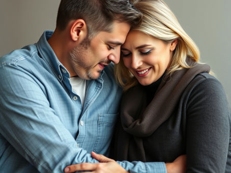Heterosexual couple share empathetic embrace on a gray counch.